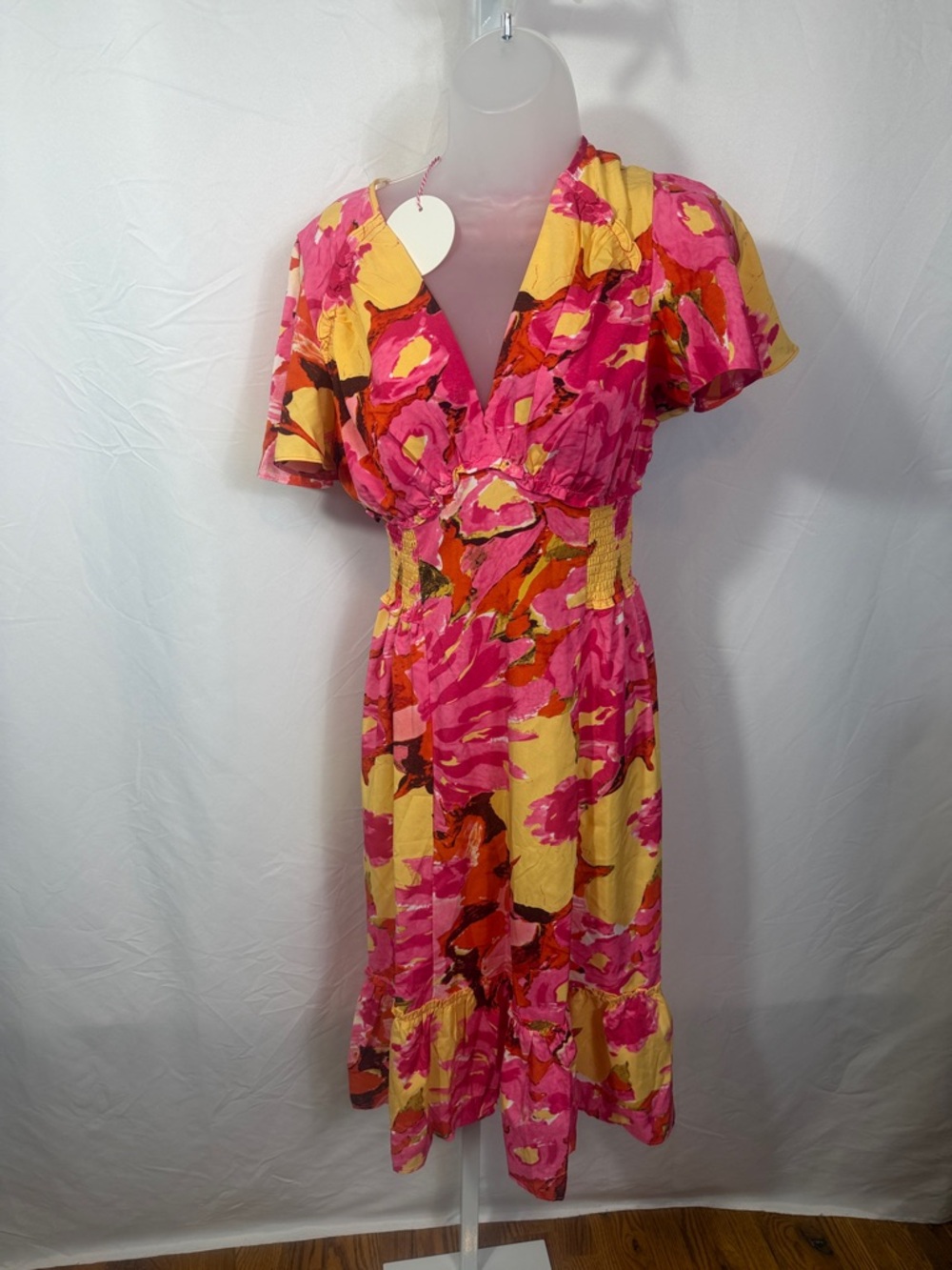 Umgee Pink and Yellow Floral V-Neck Midi Dress